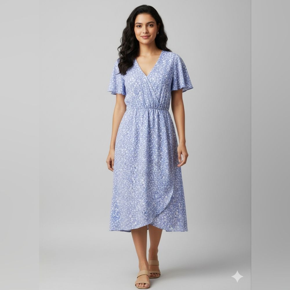 Sienna Sky Women's Blue Ditsy Floral Short Sleeve Midi Wrap Dress Size Medium